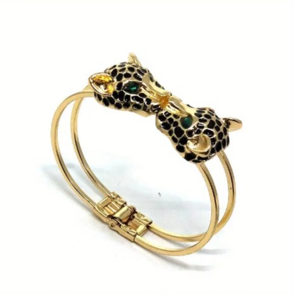 Leopard Head Cuff Bangle Bracelet Exaggerated Rhinestone Hand Jewelry Gift - Picture 3 of 6